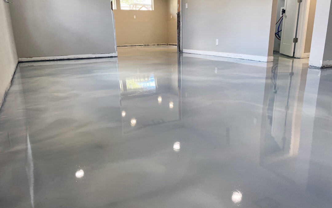 This image shows a floor with metallic epoxy paint.
